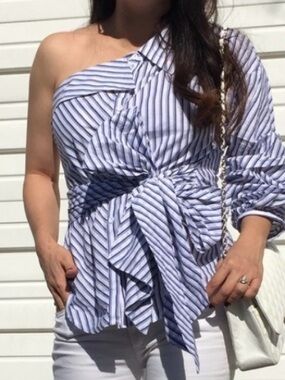 Striped One-Shoulder Tie-Front Blouse - Blue/White